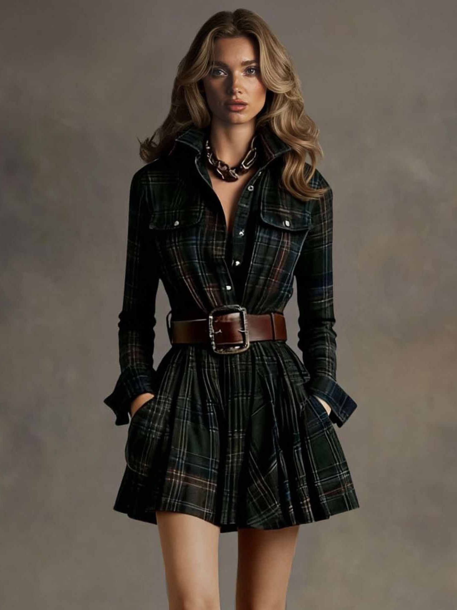 Retro Plaid Single-breasted Mini Dress