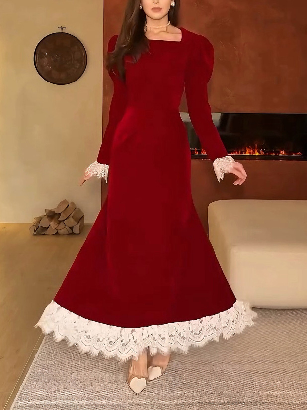 Elegant Velvet Lace Trim French Maxi Dress