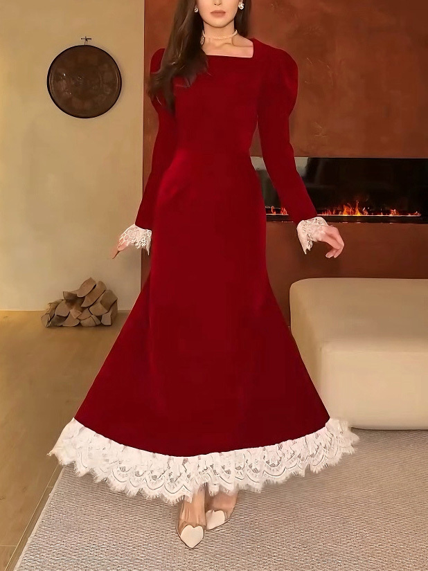 Elegant Velvet Lace Trim French Maxi Dress