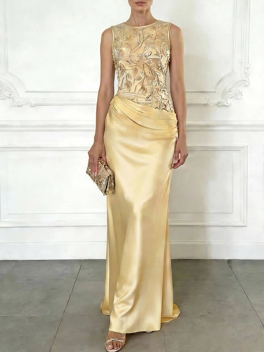 Elegant Green Embroidery Satin Crew Neck Sleeveless Sheath Maxi Dress