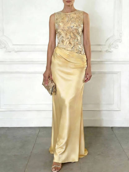 Elegant Green Embroidery Satin Crew Neck Sleeveless Sheath Maxi Dress