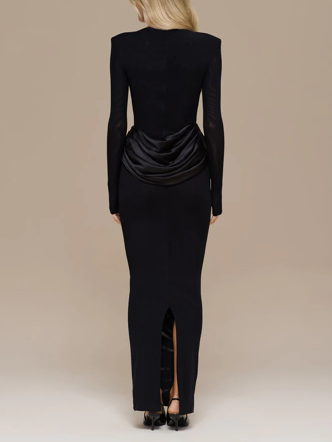 Elegant Pleated Long-sleeved Slim-fit Maxi Dress