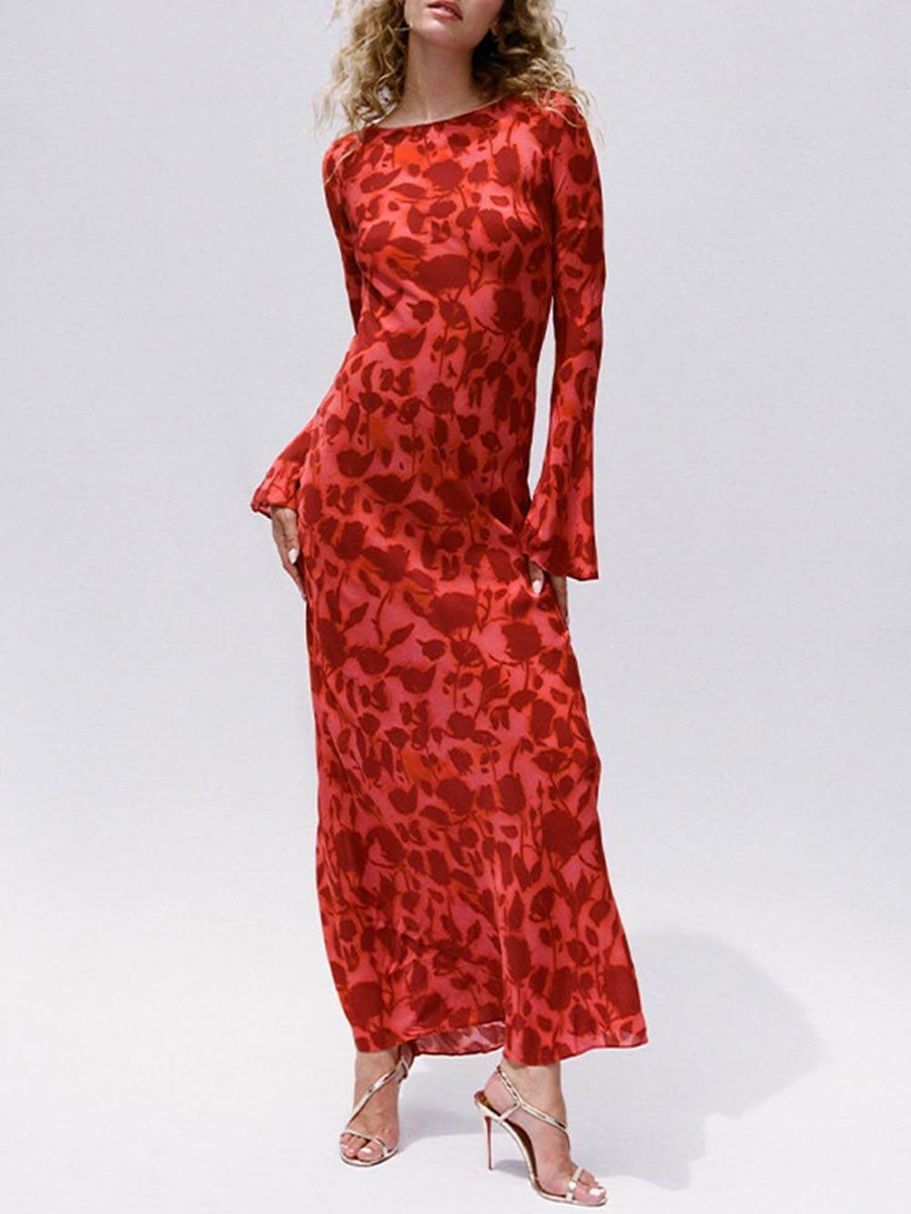 Unique Print Boat Neck Long Bell Sleeve Bias Cut Maxi Dress