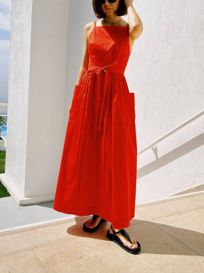 Unique Side Slit Lace-Up Pocket Vest Dress