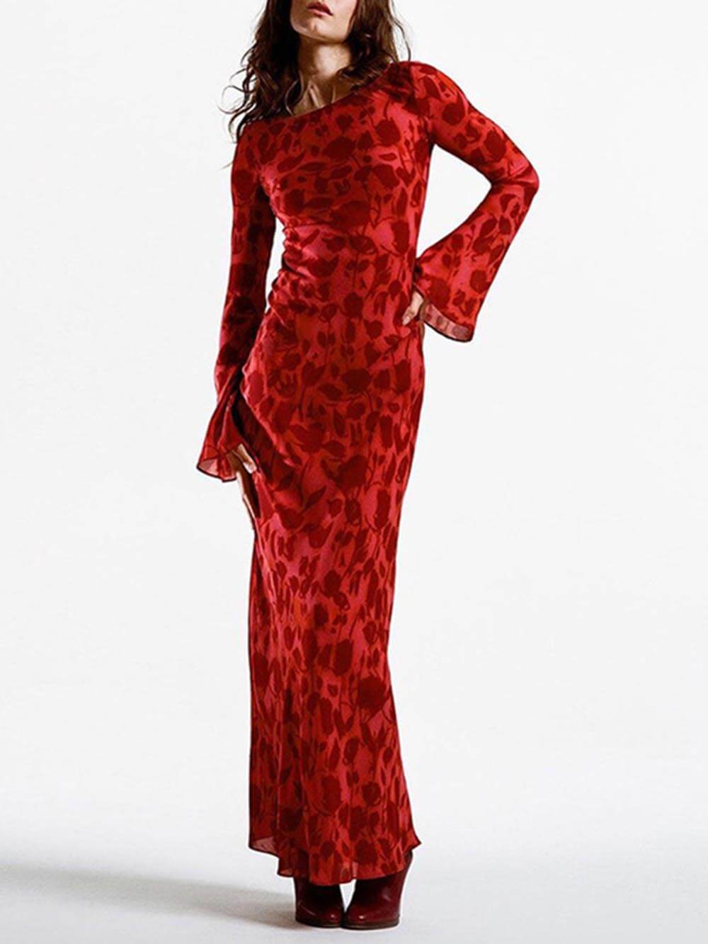 Unique Print Boat Neck Long Bell Sleeve Bias Cut Maxi Dress