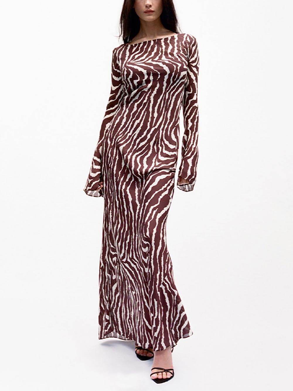 Unique Print Boat Neck Long Bell Sleeve Bias Cut Maxi Dress