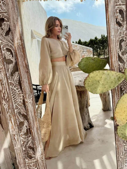 Bohemian Lantern Sleeve Tie-Front Top And High-Waisted Skirt Set