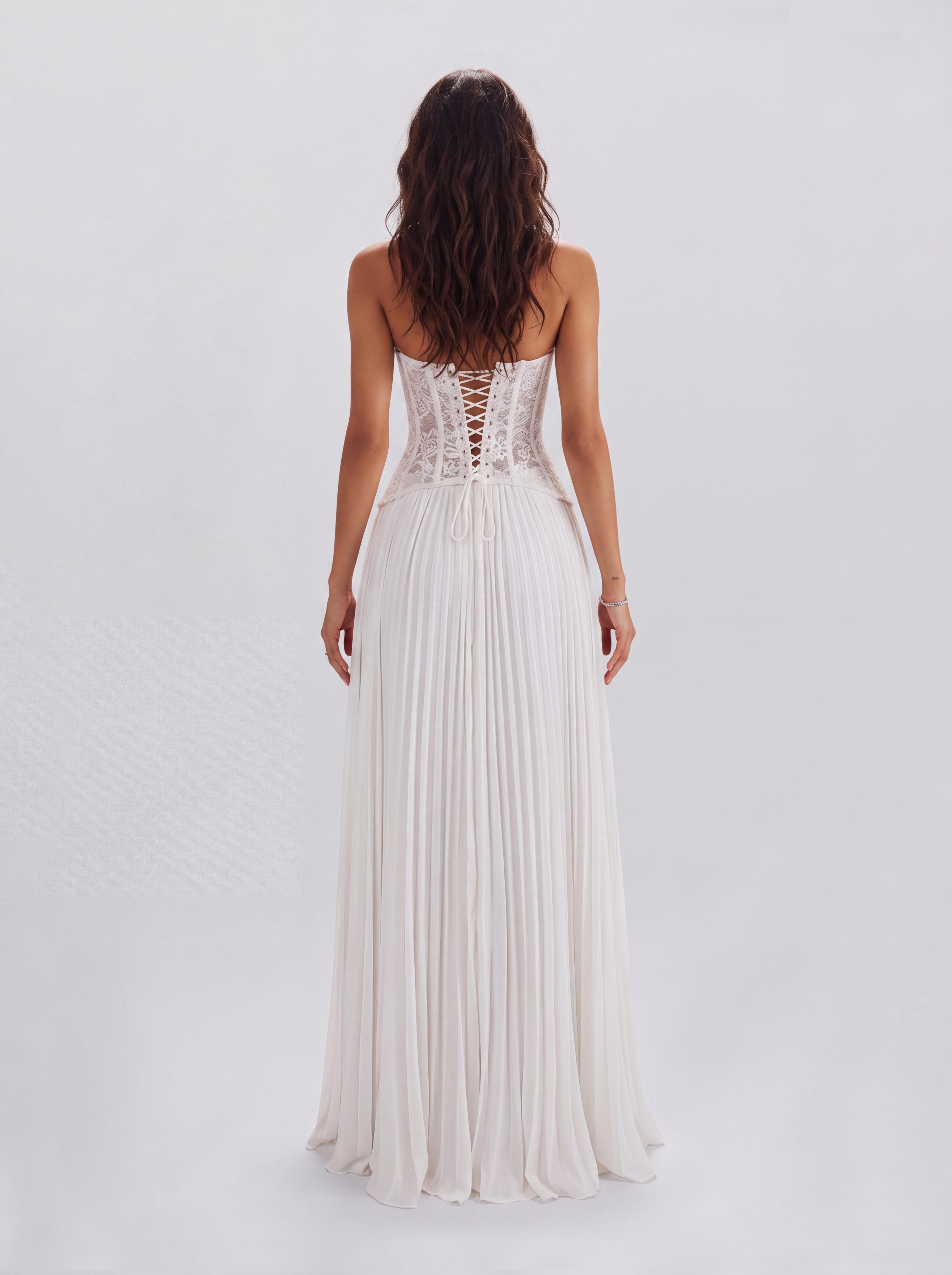Lace Boom Neck Pleated Long Banquet Dress