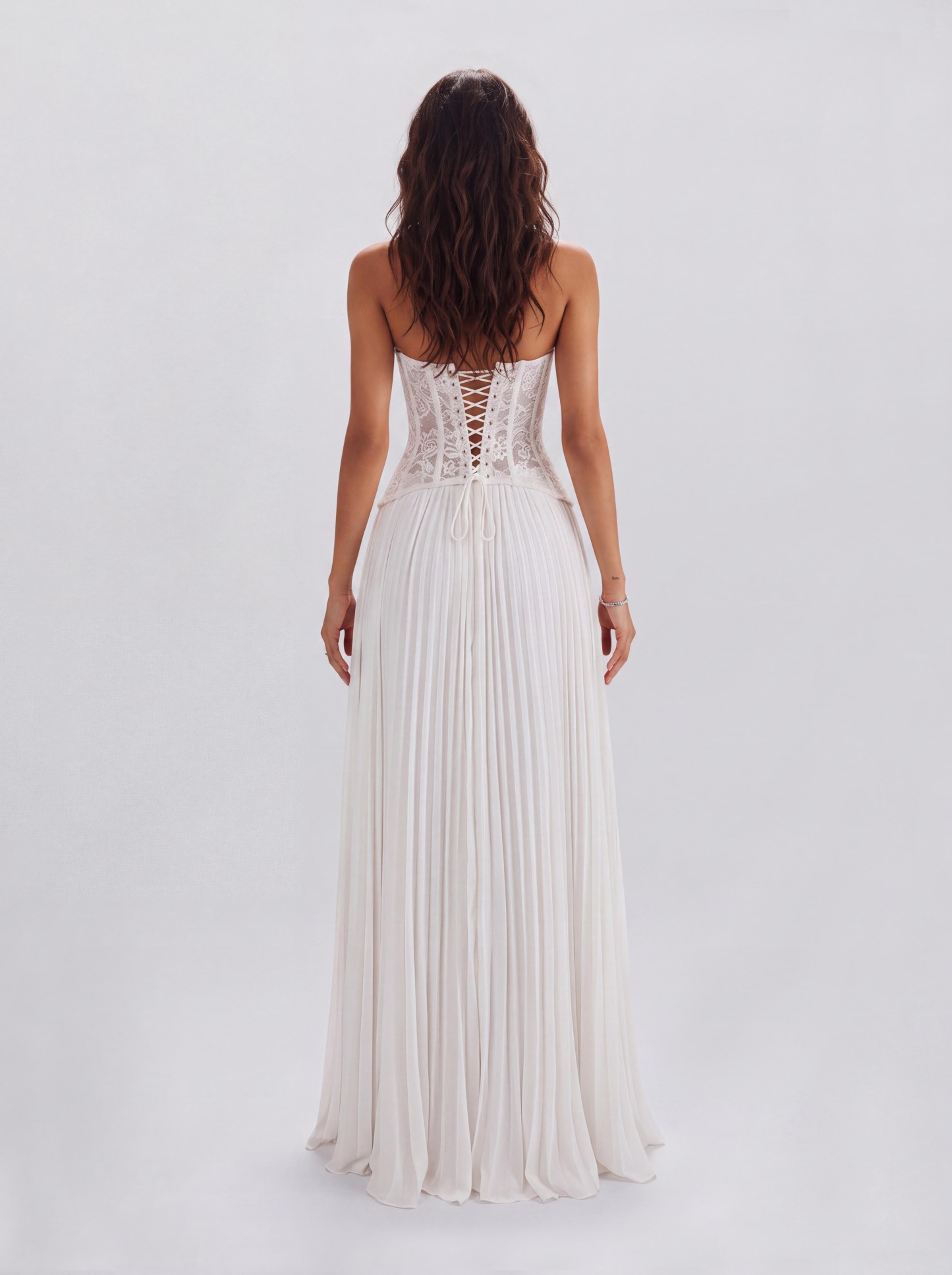 Lace Boom Neck Pleated Long Banquet Dress