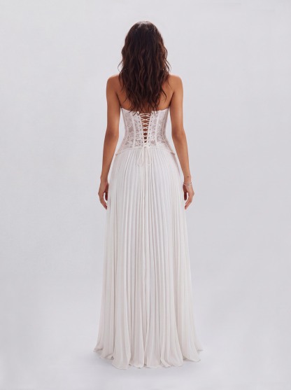 Lace Boom Neck Pleated Long Banquet Dress