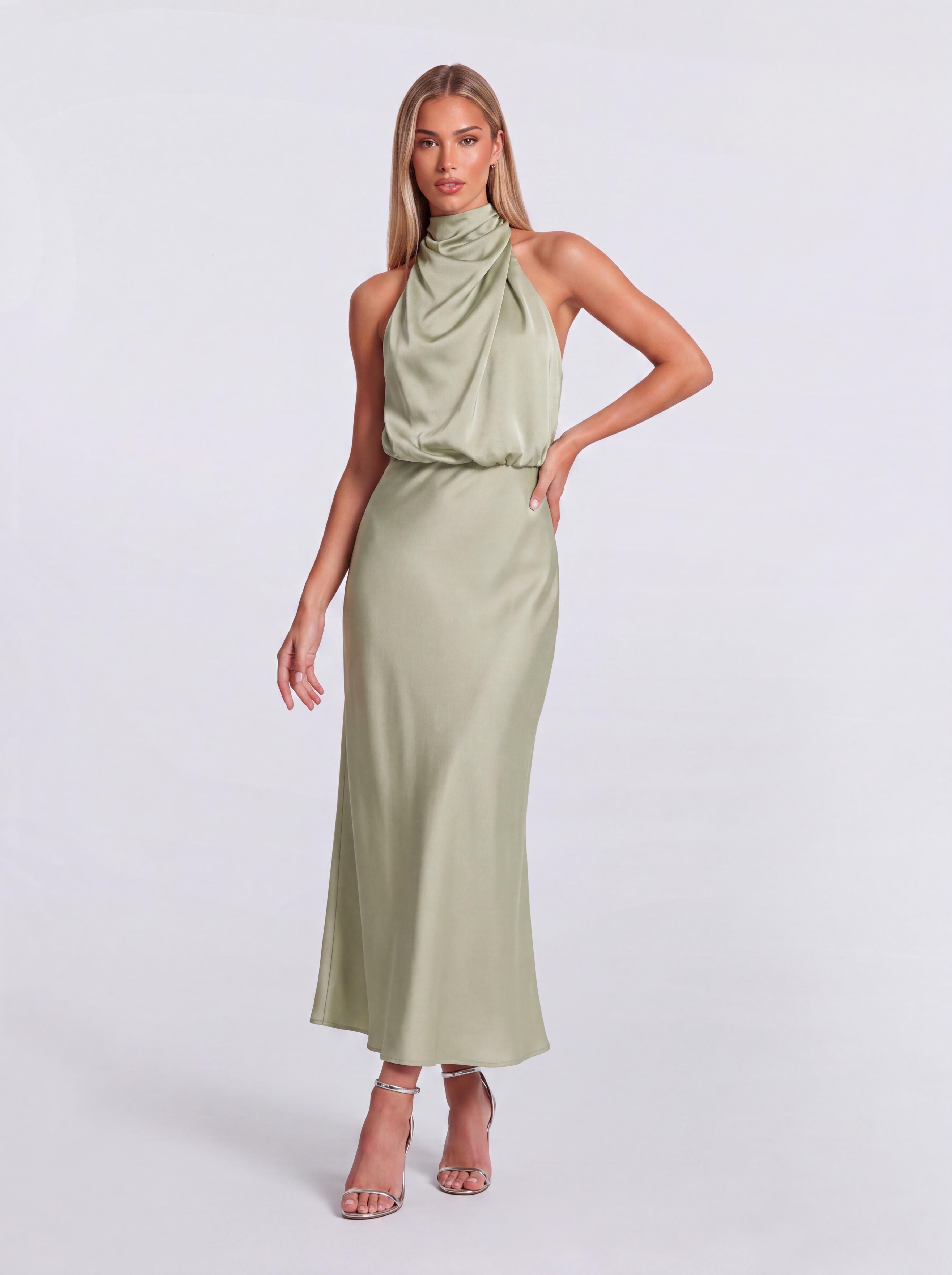 Slim-Fit Fishtail Mid-Length Neck Satin Dress