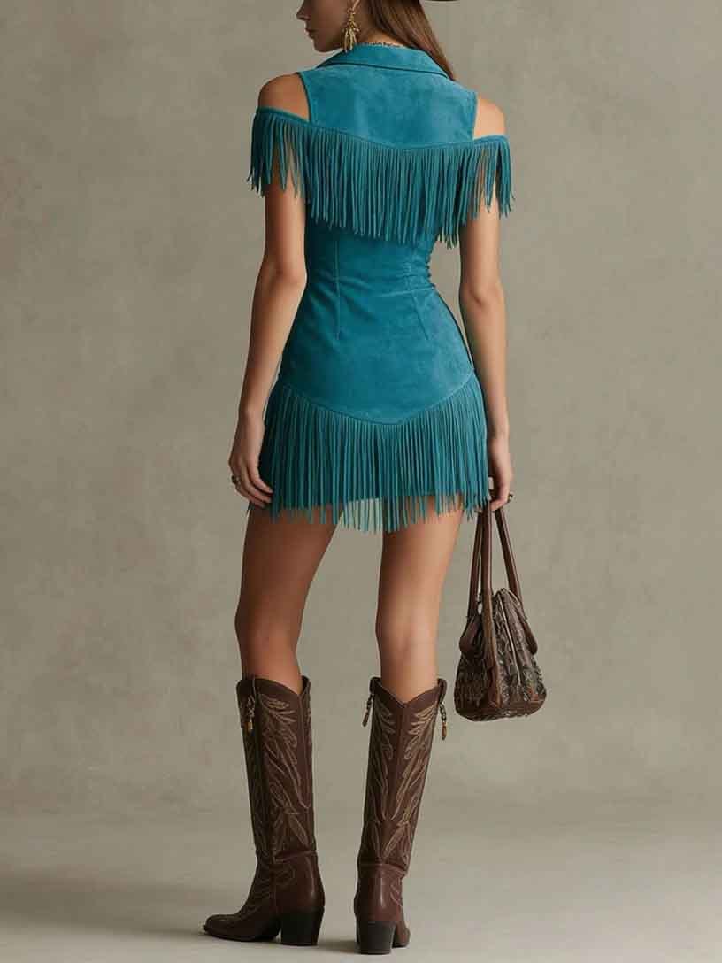 Exquisite Faux Suede Off-Shoulder Fringe Mini Dress