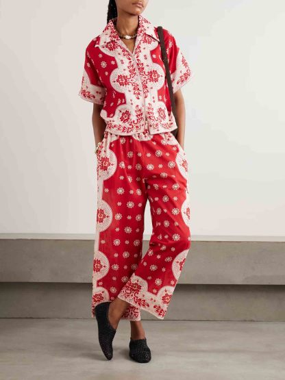 Retro Bright Floral Print Wide-leg Pants