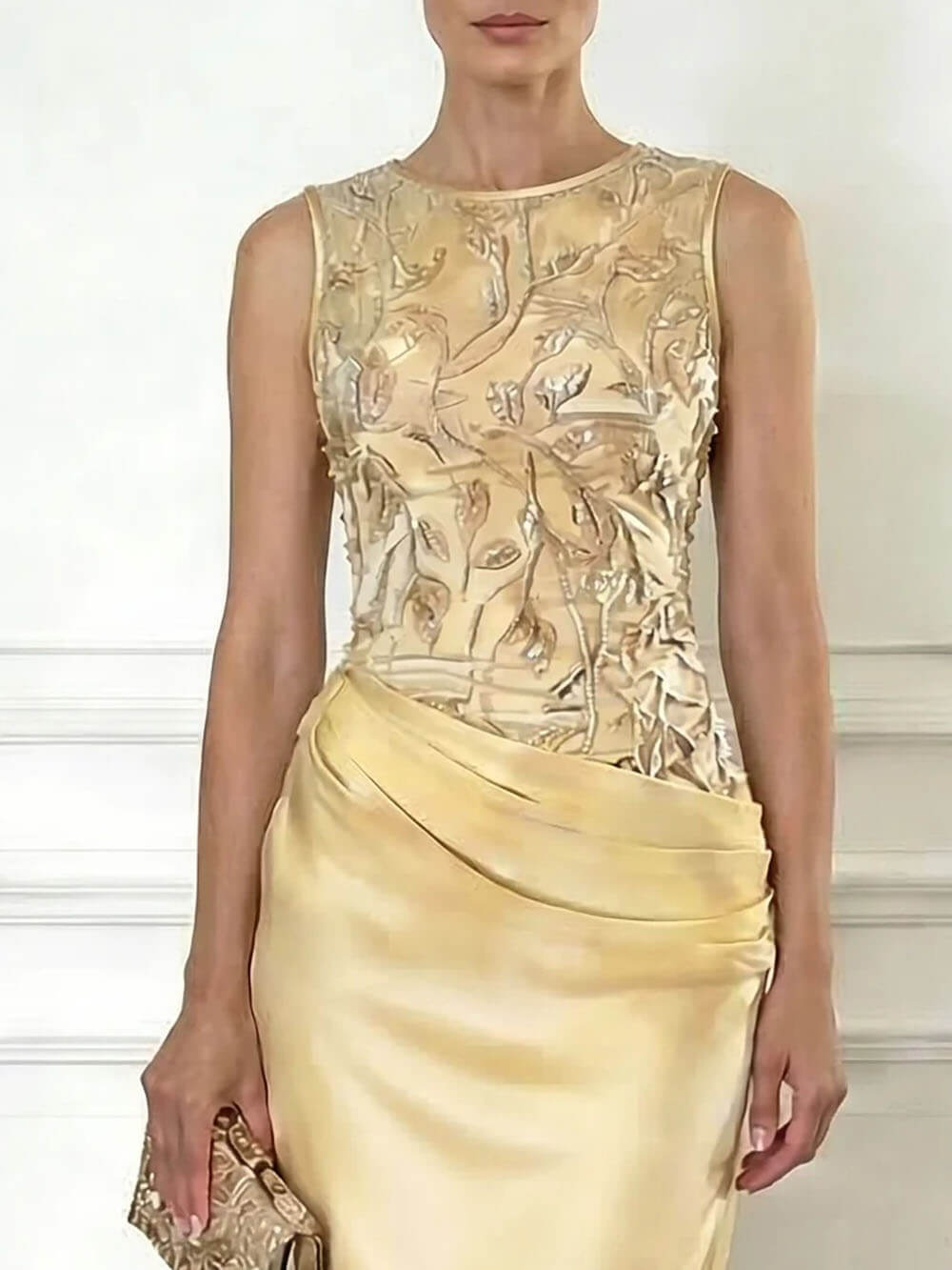 Elegant Light Pink Embroidery Satin Crew Neck Sleeveless Sheath Maxi Dress