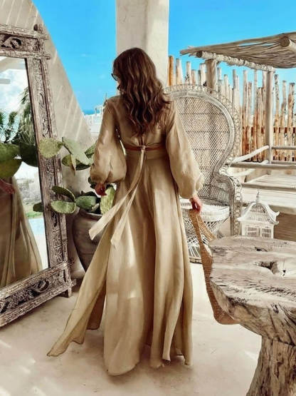 Bohemian Lantern Sleeve Tie-Front Top And High-Waisted Skirt Set