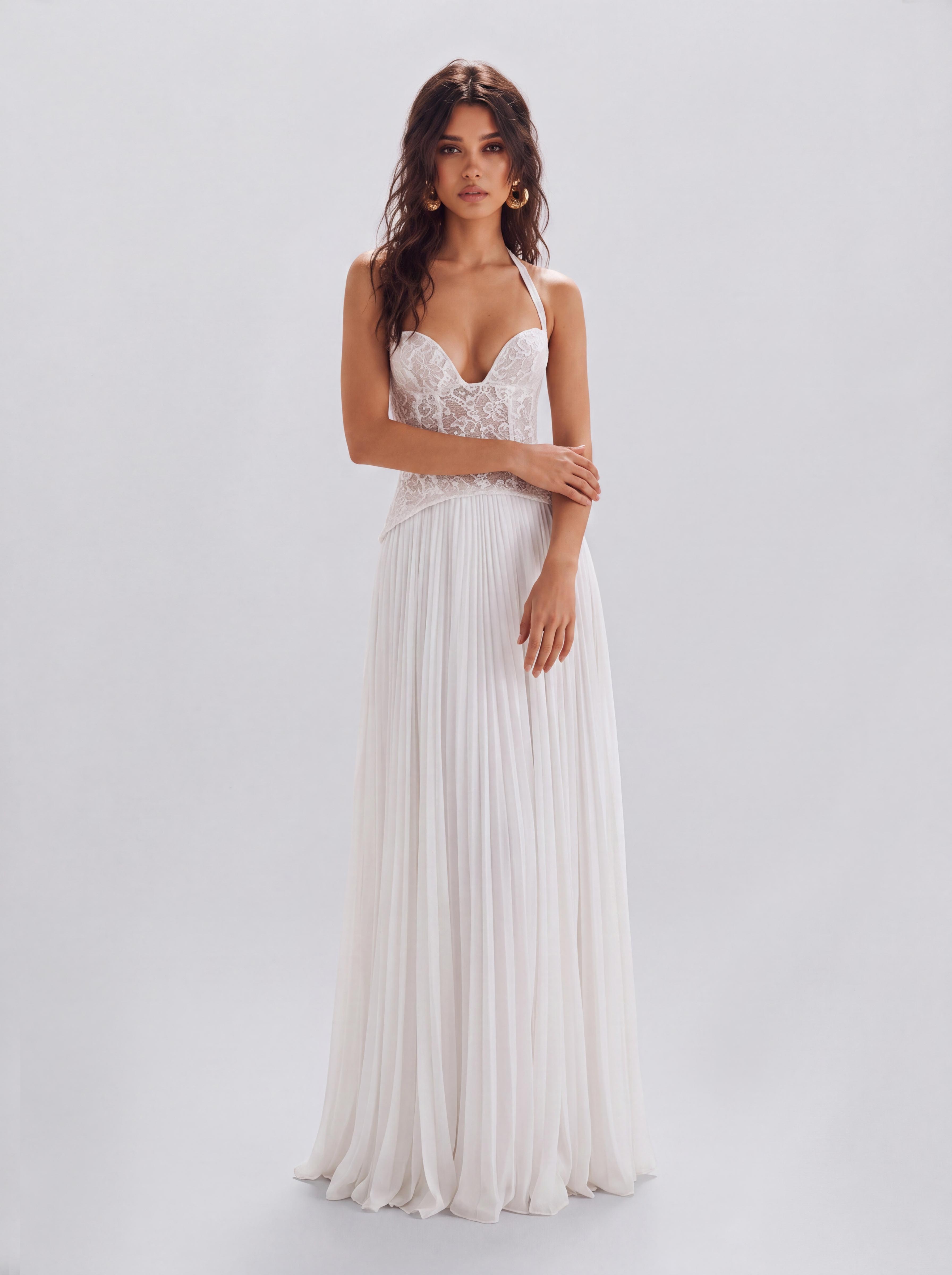 Lace Boom Neck Pleated Long Banquet Dress