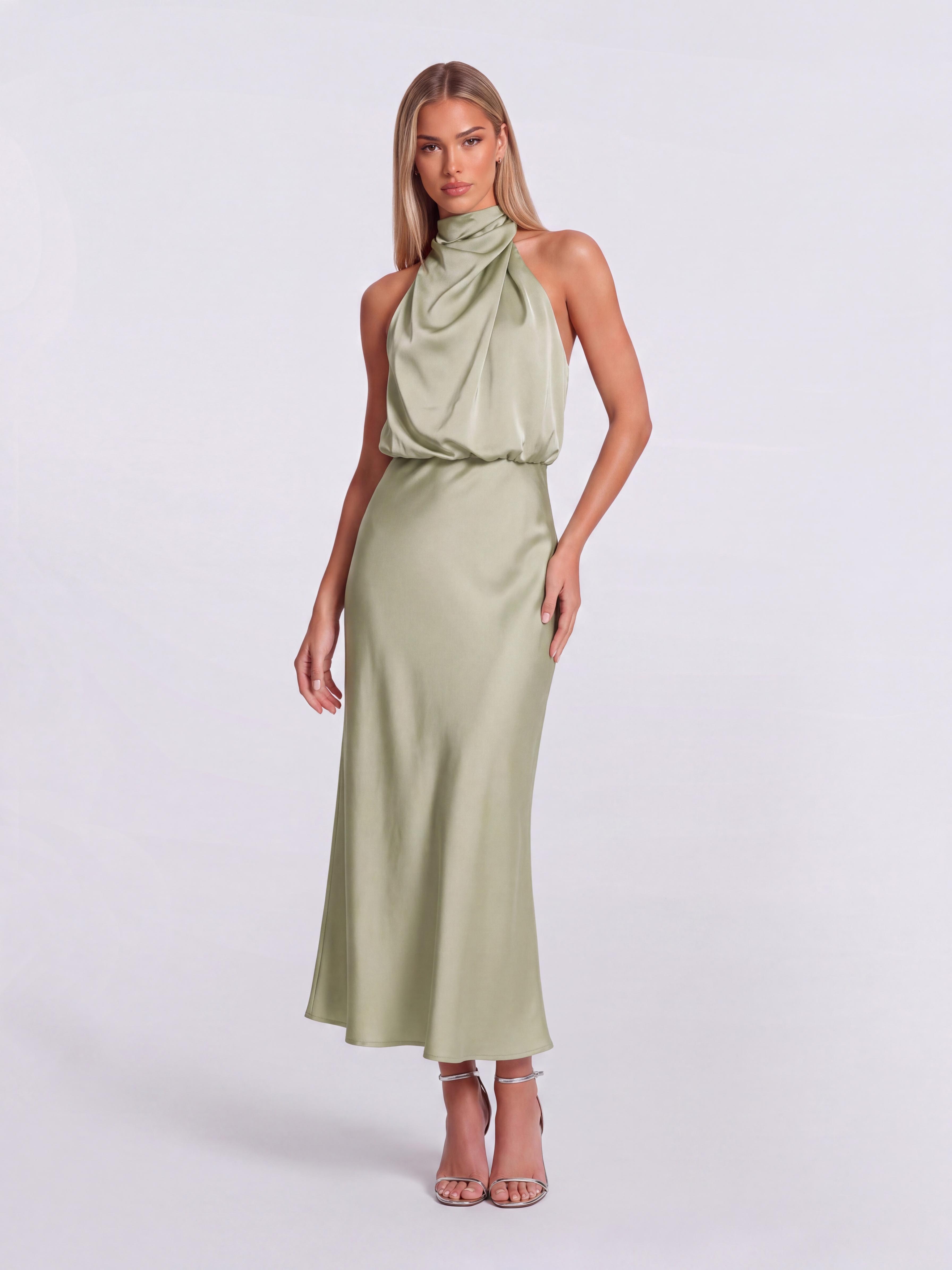 Slim-Fit Fishtail Mid-Length Neck Satin Dress