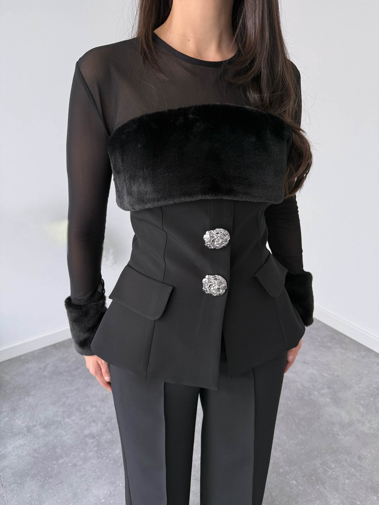 Elegant Two-piece Mesh And Plush Patchwork Top