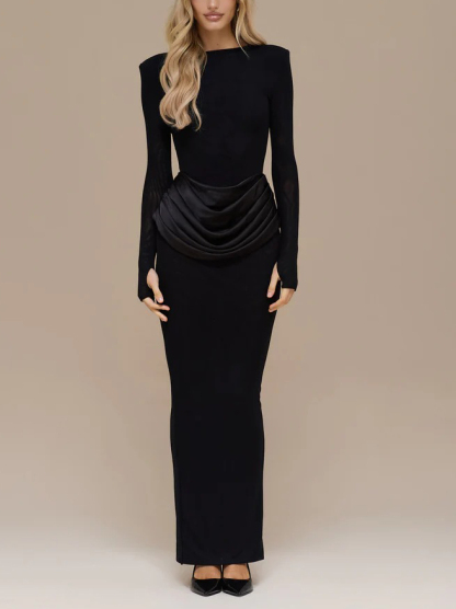 Elegant Pleated Long-sleeved Slim-fit Maxi Dress