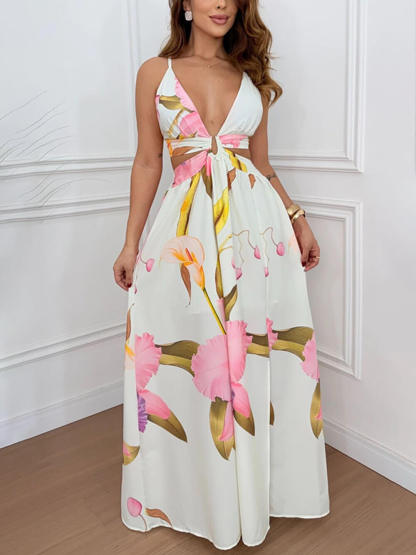 Bohemian White Backless Printed Slit Party Maxi Dress