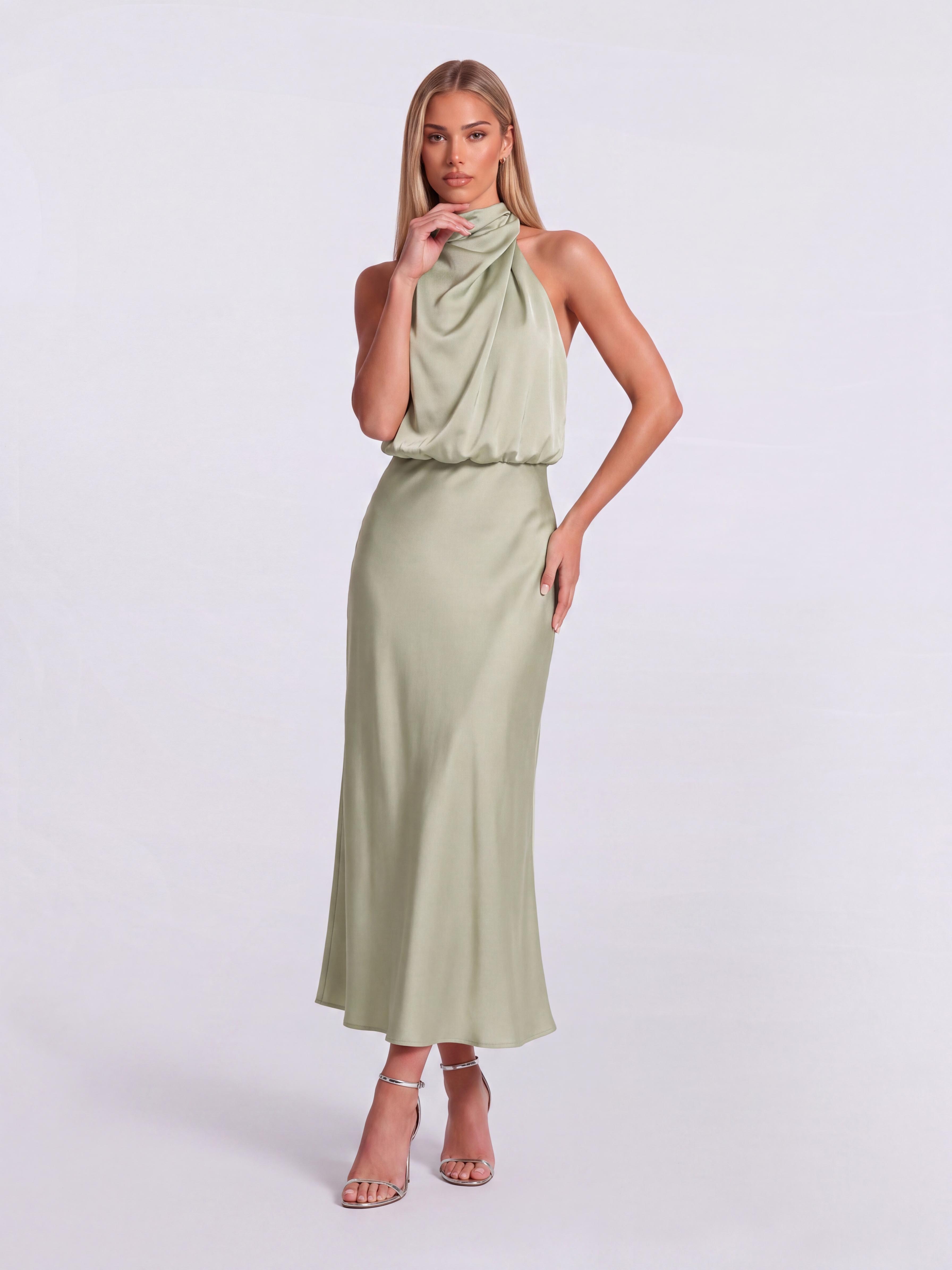 Slim-Fit Fishtail Mid-Length Neck Satin Dress