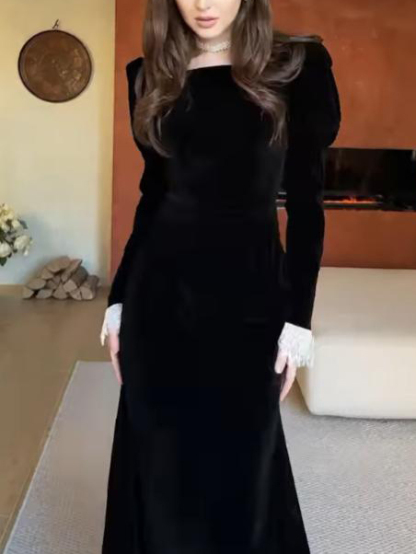 Elegant Velvet Lace Trim French Maxi Dress