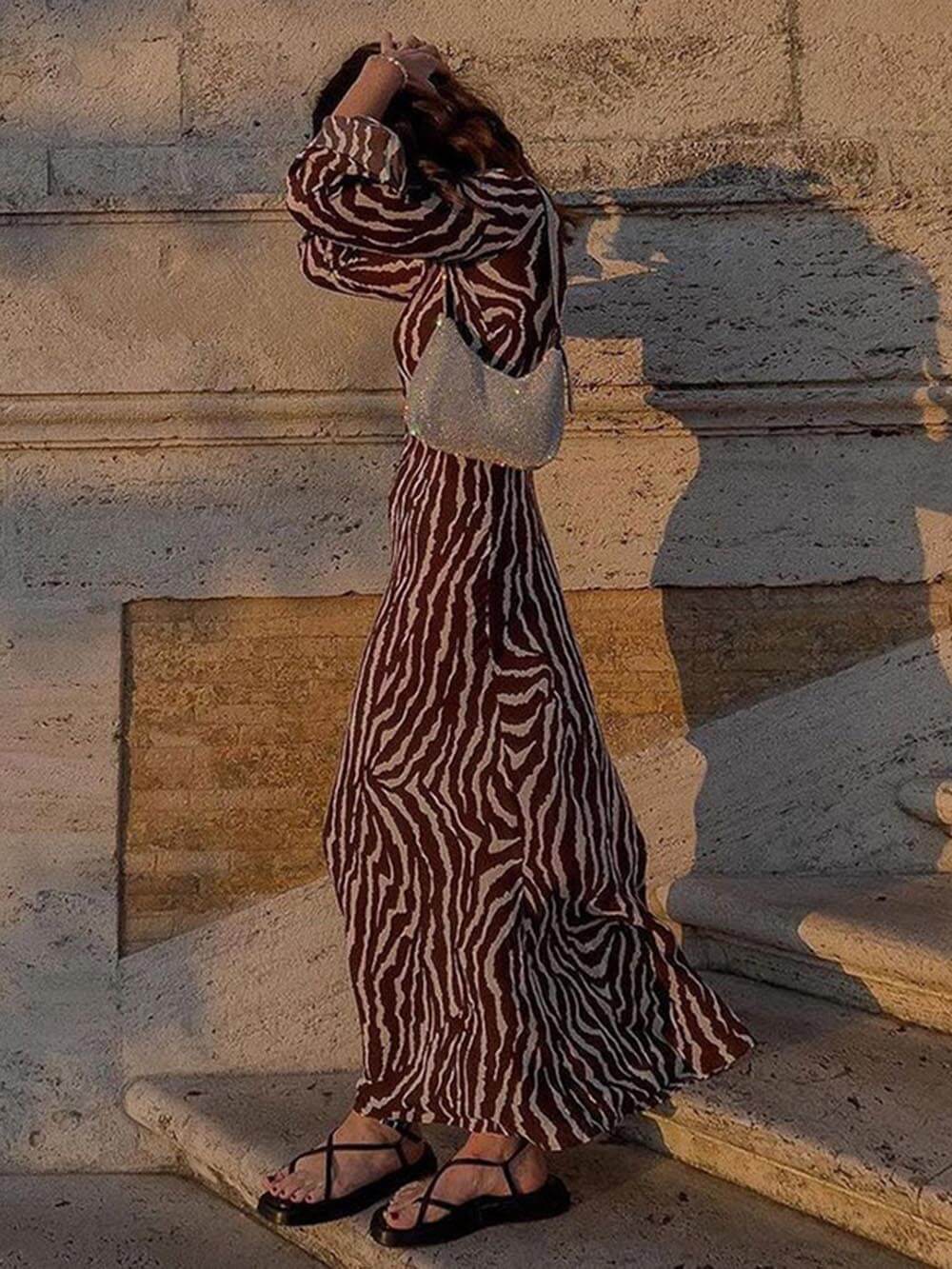 Unique Print Boat Neck Long Bell Sleeve Bias Cut Maxi Dress