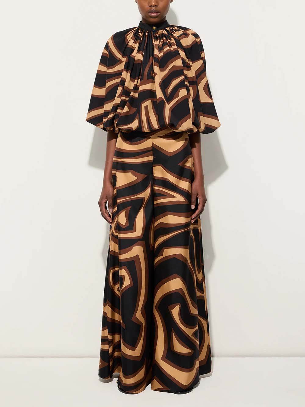 Unique Swirl Print Satin Twill High-Waist Wide-Leg Pants