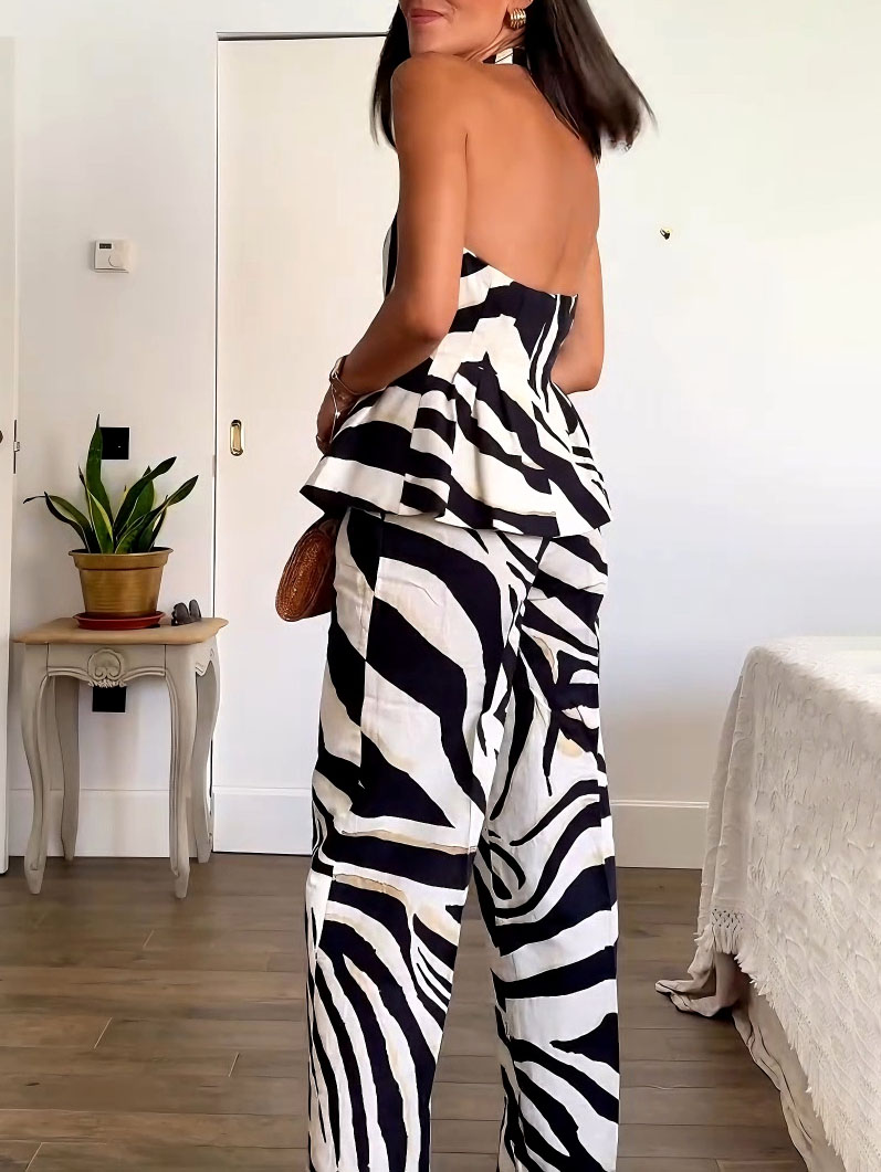 Casual Zebra Print Halter Neck Button Top