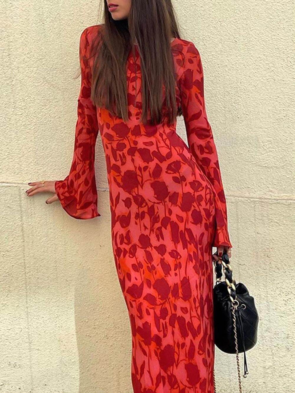 Unique Print Boat Neck Long Bell Sleeve Bias Cut Maxi Dress