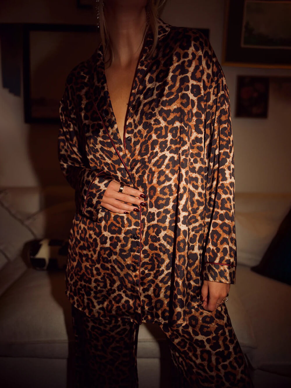 Leopard Print Loose Top Elastic Waist Wide-Leg Pants Pajama Set