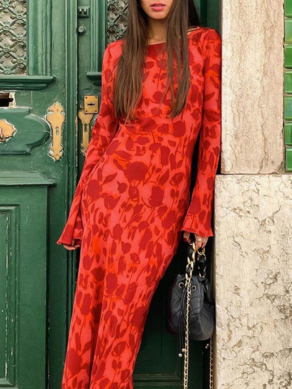 Unique Print Boat Neck Long Bell Sleeve Bias Cut Maxi Dress