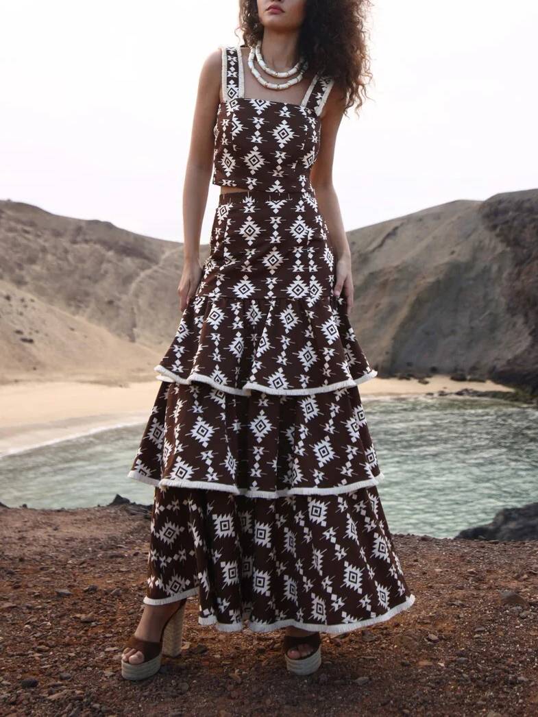 Unique Printed Tank Top And Skirt Suit-Skirt