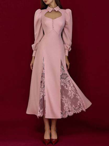 Puff-Sleeve  Lace-Splicing Maxi Dress