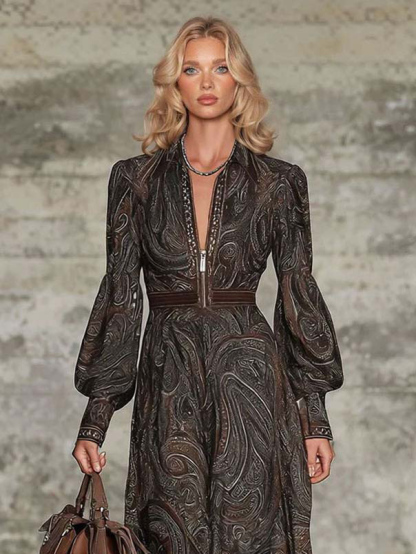 Retro Paisley Print Zipper Maxi Dress