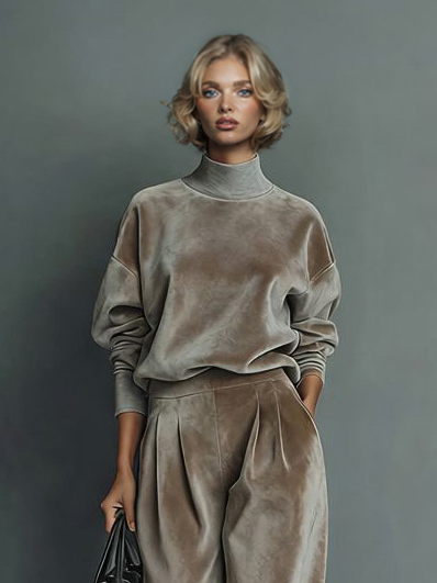 Elegant High-neck Velvet Pleated Wide-leg Pants Two-piece Set