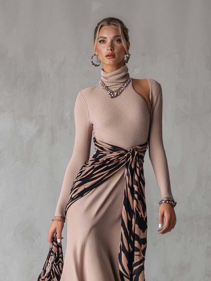 Casual High-Neck Geometric Patchwork Knit Maxi Dress