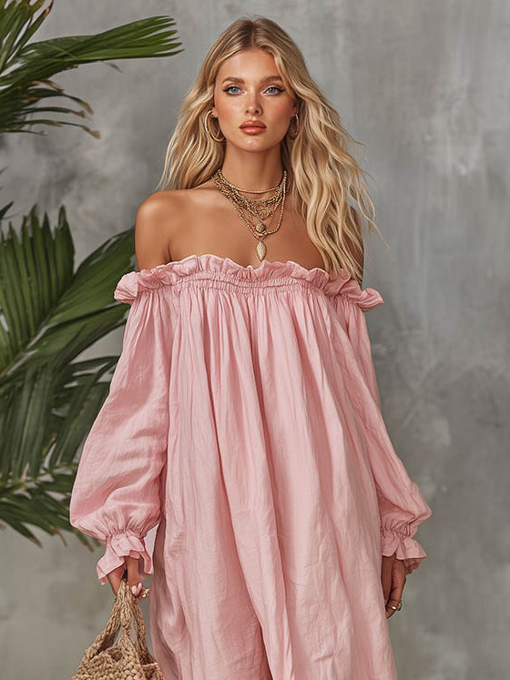 Casual Off-Shoulder Puff Sleeve Ruffle Maxi Dress