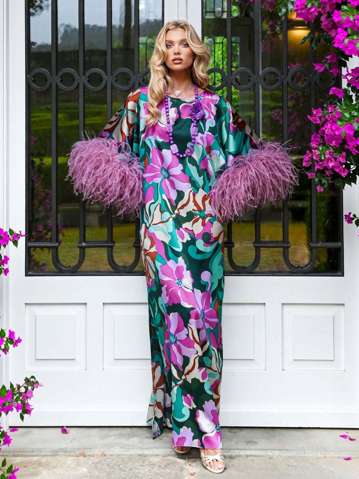 Elegant Floral Print Feather Cuff Satin Maxi Dress
