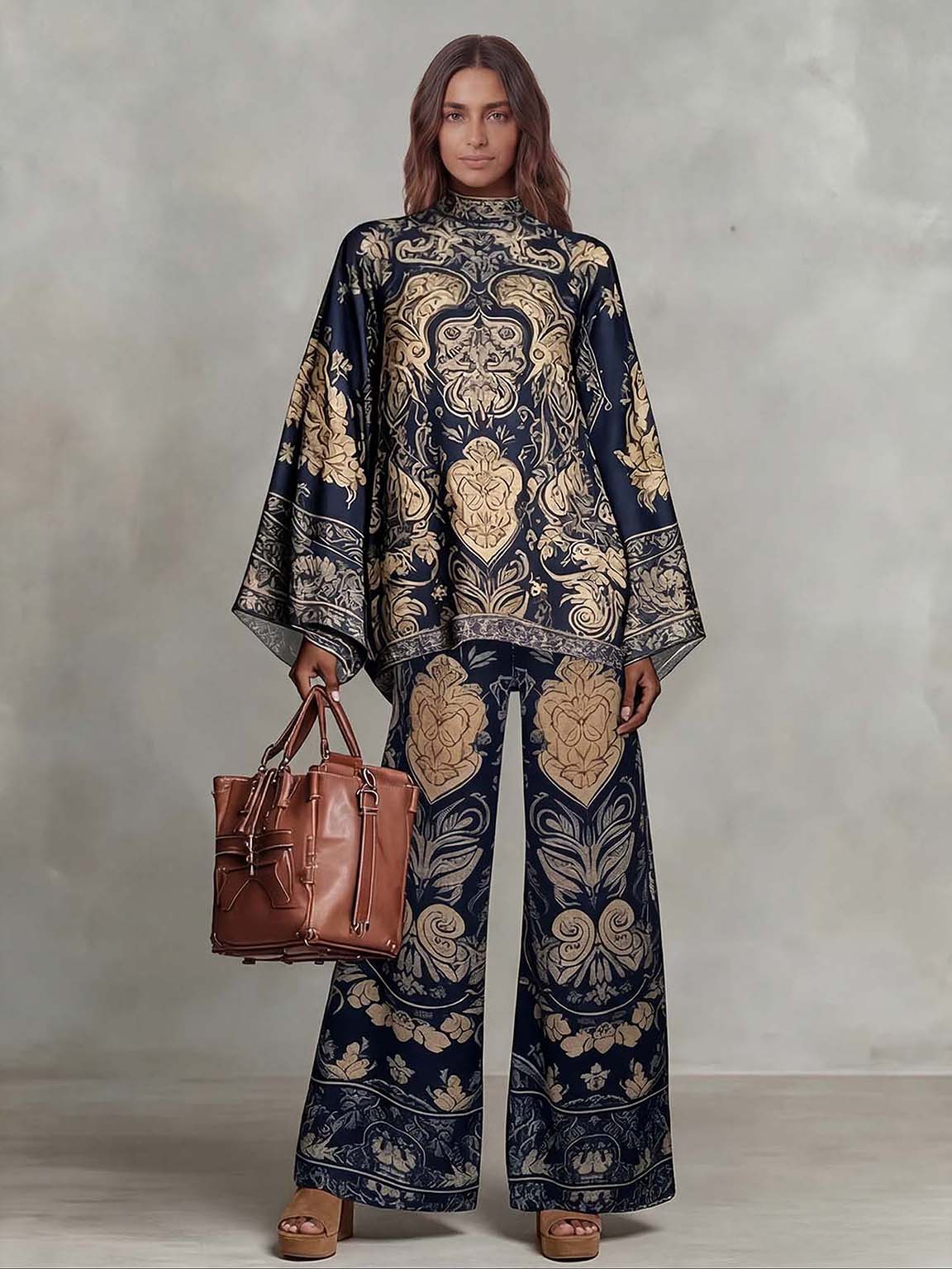 Retro Baroque Print High Neck Batwing Sleeve Two-Piece Set