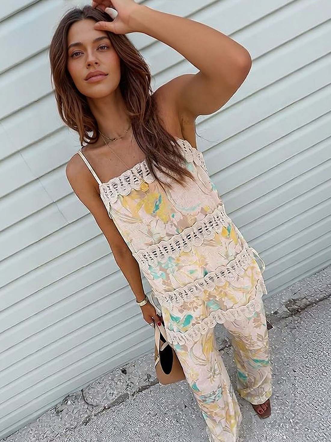 Elegant Lace Trim Printed Cami & Wide-Leg Pants Set