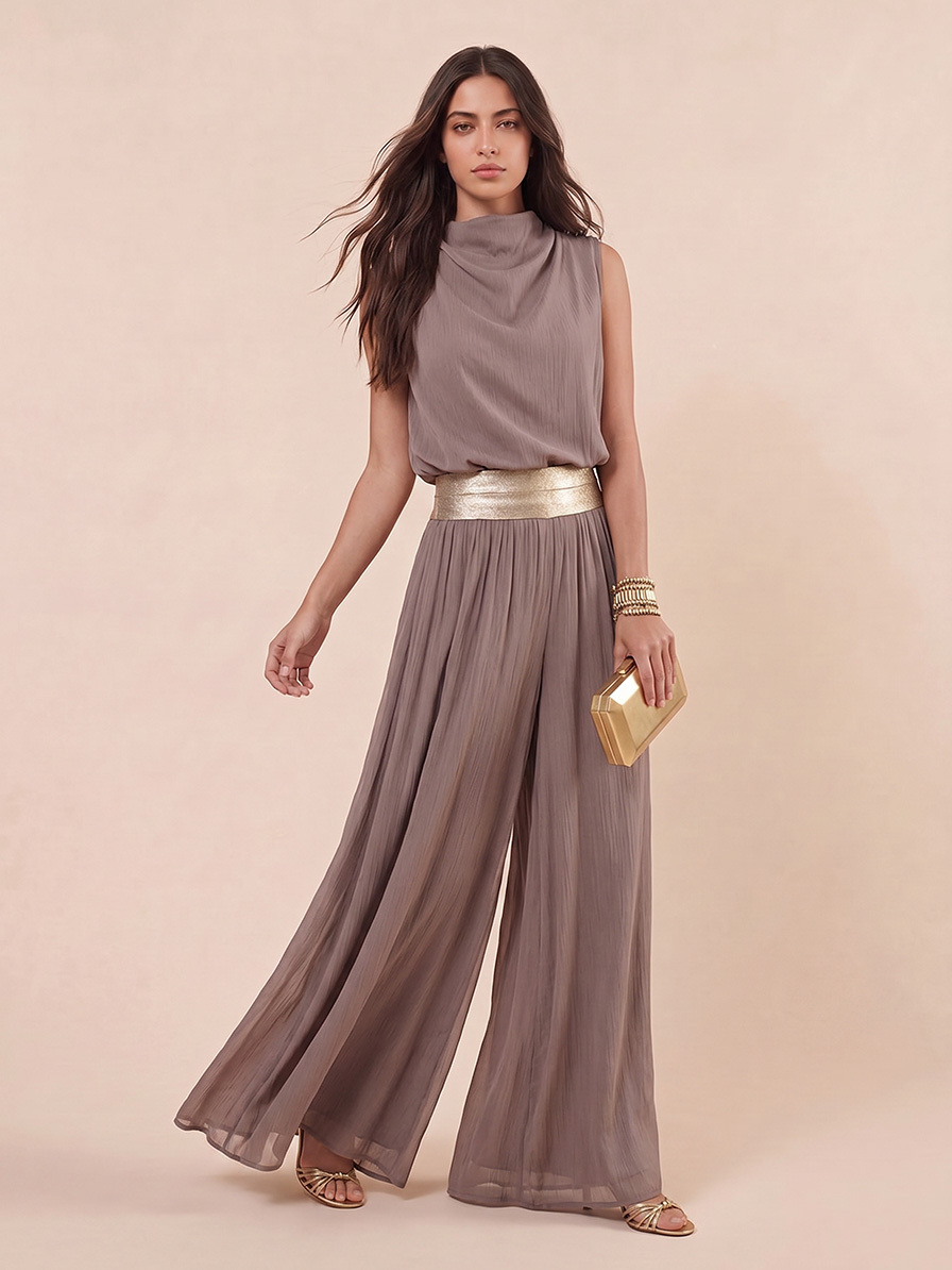 Casual Sleeveless Top & Gold Belt Flowing Wide-Leg Pants Two-Piece Set