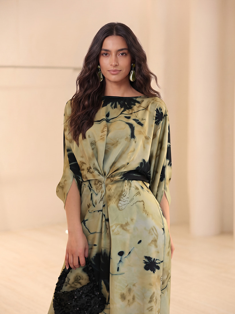 Elegant Watercolor Twist-Front Maxi Dress