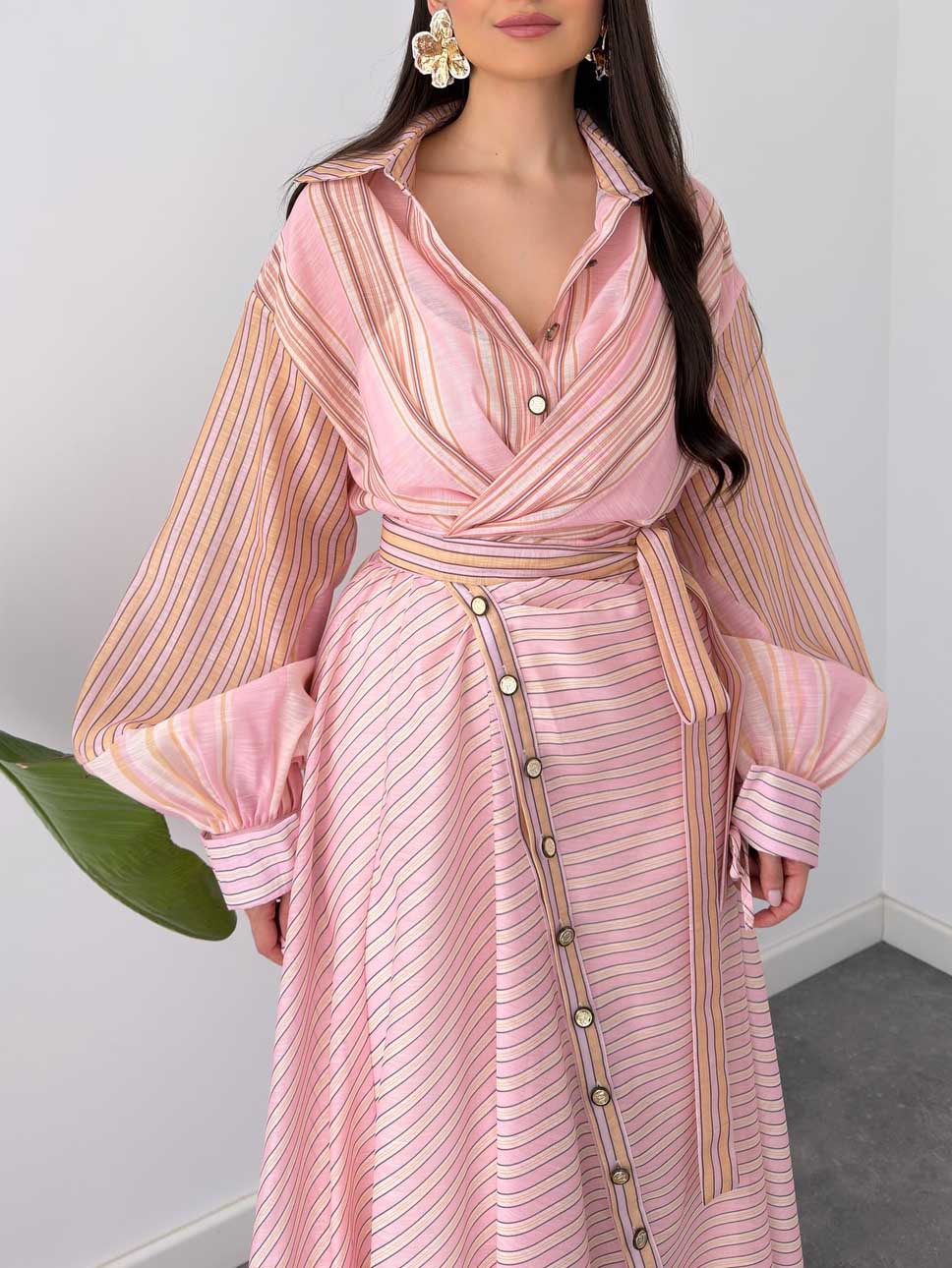 Elegant Striped Wrap Shirt Maxi Dress