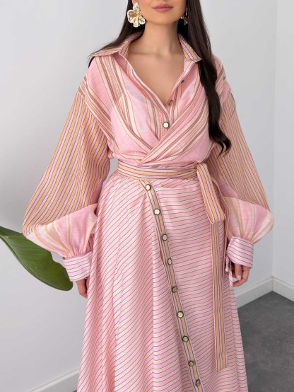 Elegant Striped Wrap Shirt Maxi Dress