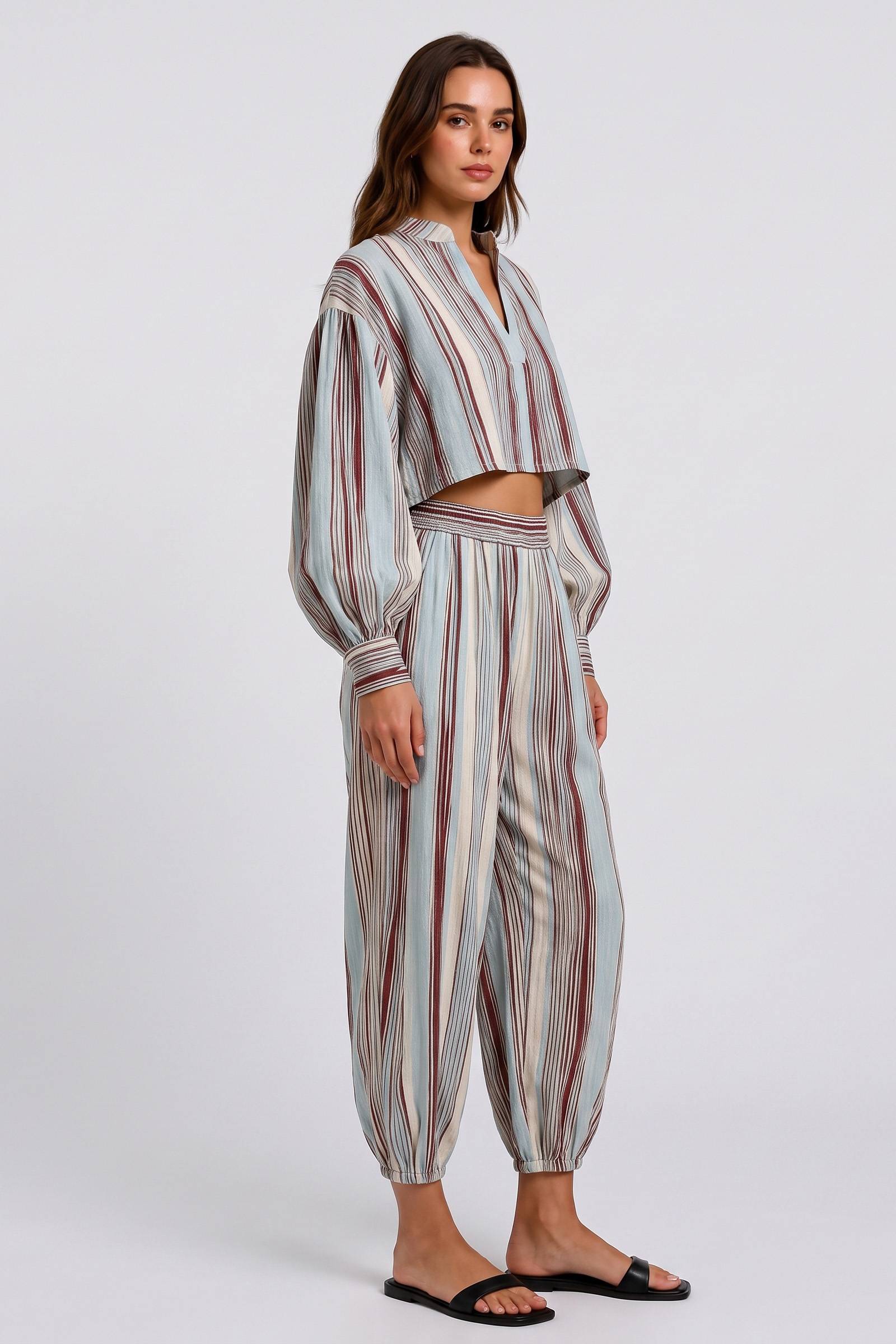 Puff Sleeve Top Leg Wide Leg Pants Retro Vertical Stripe Holiday Style Set