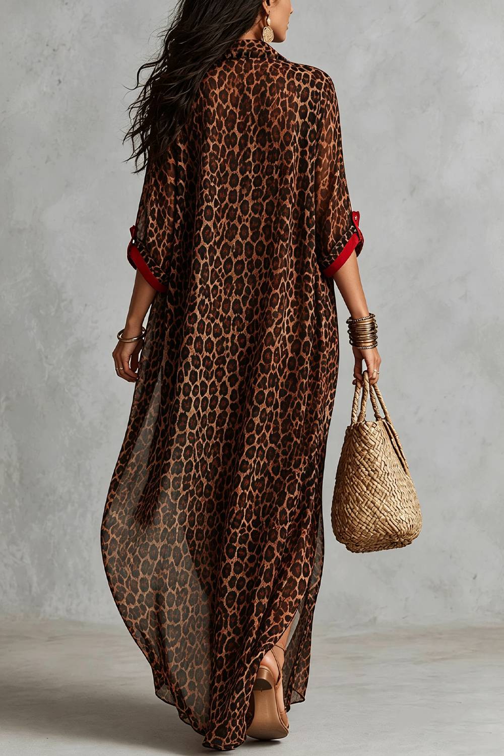 Vintage Leopard Print Contrast Shirt Long Dress
