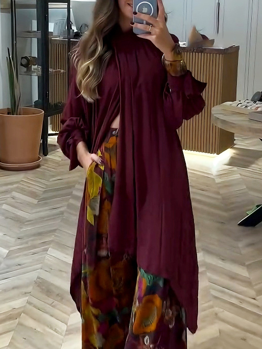 Retro Abstract Floral Print Wide-Leg Pants