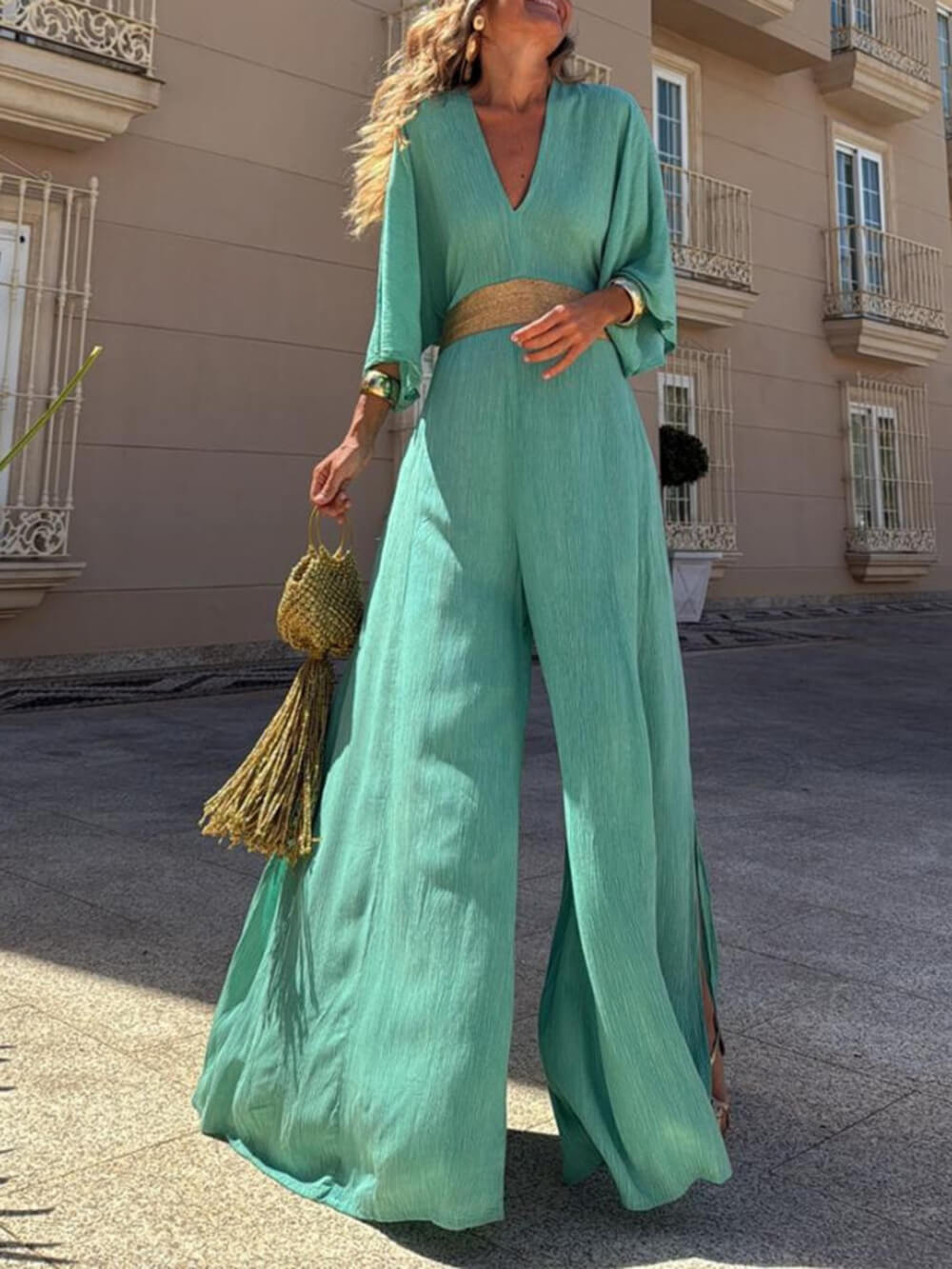 Casual Unique Gold Trimmed Pleated Tie Back Loose Leg Slit Jumpsuit