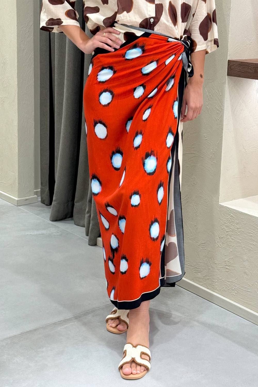 Contrast Print Button‑Down Shirt & Wrap Sarong Midi Skirt Two‑Piece Set